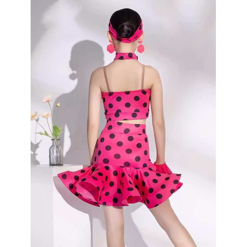Girls hot pink polka dot latin ballroom dance dresses for kids children salsa ballroom two ways wearing 3pieces in one set stage performance costumes for children